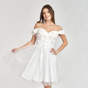 NEW SHORT OFF THE SHOULDER SLEEVELESS MESH DRESS WITH LACE UP BACK GL GS1978